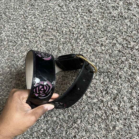Betsy Johnson Belt Black Patent Pink Flower Cut Out Chunky Wide Waist Belt VTG M - Picture 4 of 9